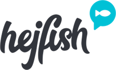 Hejfish Logo in geschwungener Schrift und einem kleinen Fischsymbol