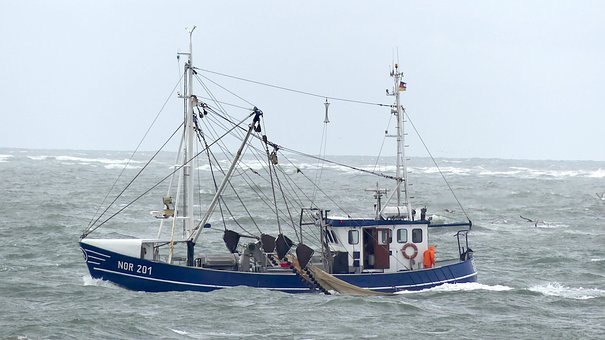Auf dem Bild erkennt man einen dunkel Blauen Kutter von der Seite, auf See. Man sieht ein Netz, das bereits im Wasser ist. 